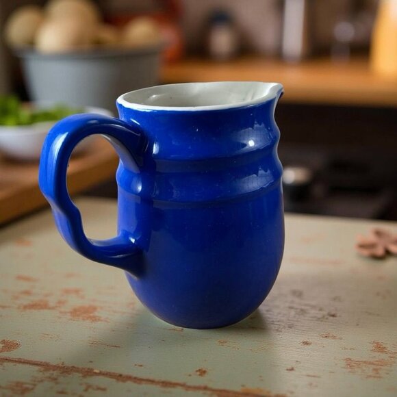 Vintage Oxford Stoneware – Made USA Blue Milk Pitcher Creamer Farmhouse Kitchen - Picture 5 of 8
